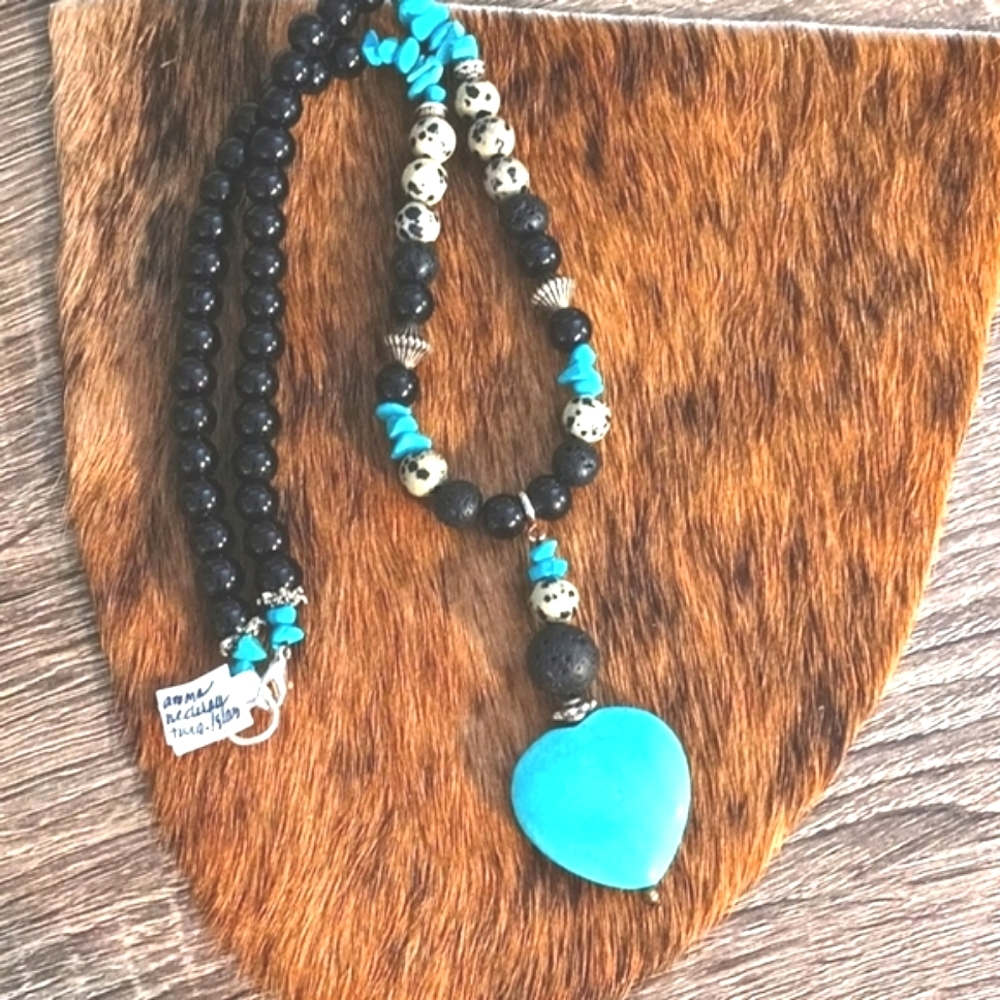 Southwest black & turquoise necklace jasper glass metals artisan custom NEW